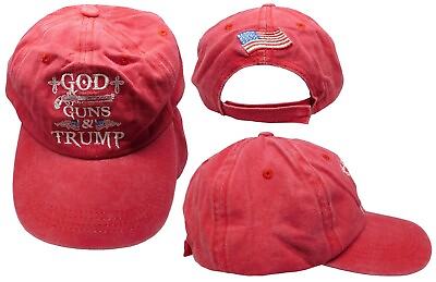 #ad God Guns amp; Trump 2024 USA Flag Red Washed Adjustable Embroidered Cap Hat $12.88