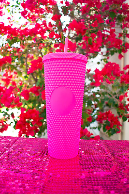 #ad New 2023 Hot Pink Barbie Tumbler Matte Diamond Studded 24oz Straw Cold Cup $9.95