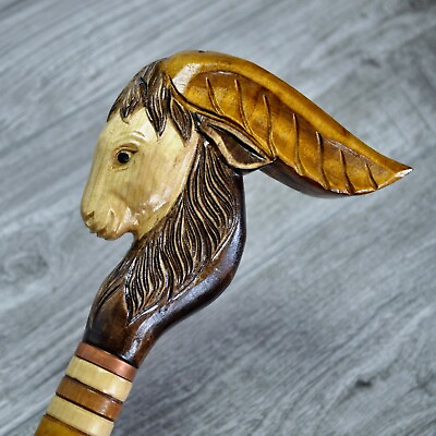 #ad Cane Walking Stick Wooden carved Handmade Goat new UK $58.20