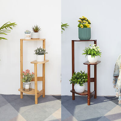 #ad 3 Tier Bamboo Tall Corner Plant Rack Garden Flower Pot Holder Living Room Patio $27.91