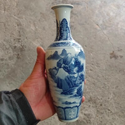 #ad 8.6quot; China Qing Blue and White Porcelain Chai Kiln Hill Water Scenery Vases $225.00