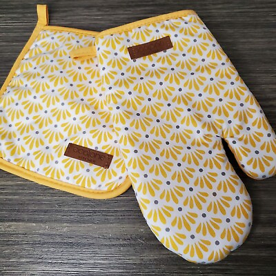 #ad 2 Pc Set Oven Mitt Potholder Glove Eco One Kitchen Bakers Collection Yellow NWOT $6.97