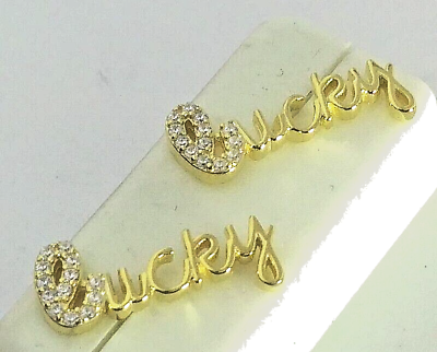 #ad .925 STERLING SILVE GOLD Plated quot;LUCKYquot; Earrings cubic zirconia 16X6MM $19.79