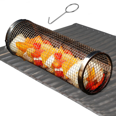 #ad Outdoor Rolling Grill Basket Large BBQ Net Tube Round Mesh Cage Latching Lid $13.99