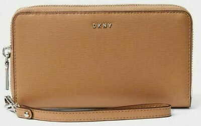 #ad DKNY New Latte Wristlet Wallet Bryant Medium Zip Top Textured Leather Logo Tan $31.99