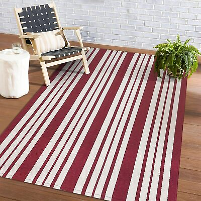 #ad Striped Outdoor Rug 4x6 Ft Red and White Front Door Rug Hand Woven Area Rug $48.99