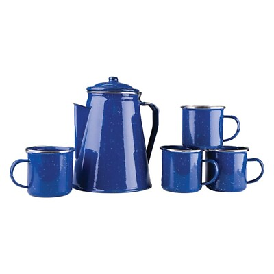 #ad 8 Cup Coffee Pot with Percolator 4 Mugs Set Kiln hardened Blue Enamel Finish $25.33