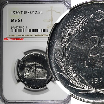 Turkey 1970 2 1 2 Lira NGC MS67 Mintage 200000 TOP GRADED KM# 896 011 $50.00