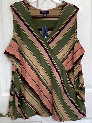 #ad NWT Chaps Size 2X Cinched Waist Faux Wrap Sleeveless Top Blouse $14.99