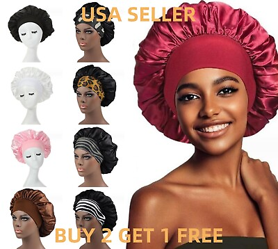 #ad Women Satin Night Sleep Cap Hair Bonnet Hat Silk Head Cover Wide Elastic Band B $4.59