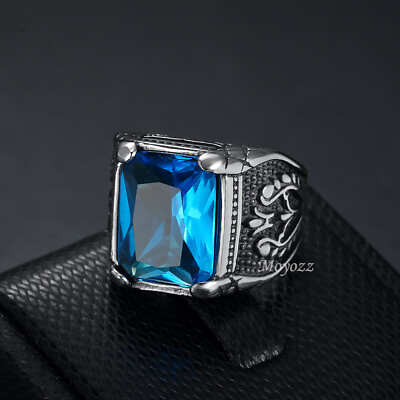 #ad Mens Blue CZ Simulated Onyx Sapphire Stone Ring Stainless Steel Size 7 15 Gift $10.99