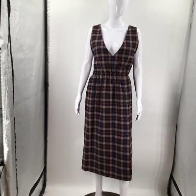 #ad Yves Saint Laurent Womens A Line Dress Brown Plaid Sleeveless V Neck Zipper L $272.99