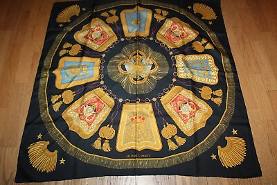 #ad GORGEOUS AUTHENTIC BOXED HERMES SILK SCARF BLACK MULTI RARE $365.00