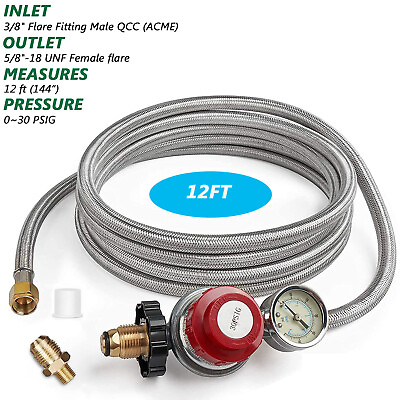 #ad 12ft High Pressure Adjustable Propane LP Gas Regulator w Braided Hose Indicator $33.00