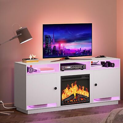#ad Electric Fireplace TV Stand with LED Lights and Power Outlets White TV Conso... $378.95