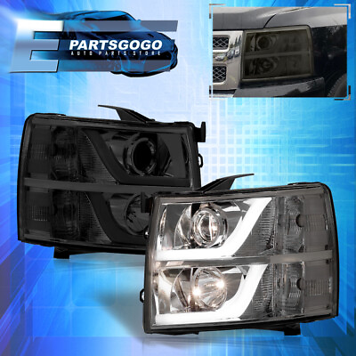 #ad For 07 13 Chevy Silverado 1500 2500 LED DRL Bar Tube Projector Headlights Smoke $133.99