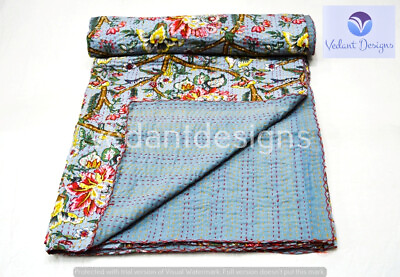 #ad Indian Handmade Floral Kantha Quilt Reversible Bedspread Double Cotton $64.00