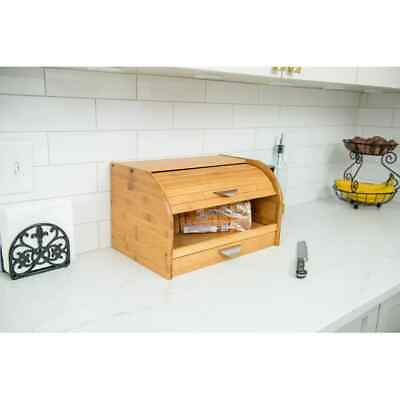 #ad Roll Top Breadbox with Drawer Brown Bamboo Countertop Storage Kitchen Decor Gift $135.97