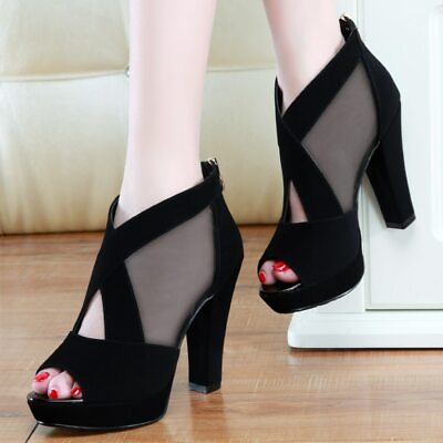 #ad Summer Women Sandals Platform High Heel Mesh Pumps Peep Toe Thick Heels Shoes $25.37