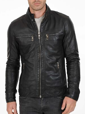 #ad New Leather Jacket Mens Biker Motorcycle Real Leather Coat Slim Fit Black #1082 $118.00