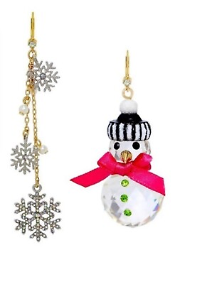 #ad Betsey Johnson Crystal Snowflake Crystal Snowman Drop Dangle Earrings Gold Tone $39.99