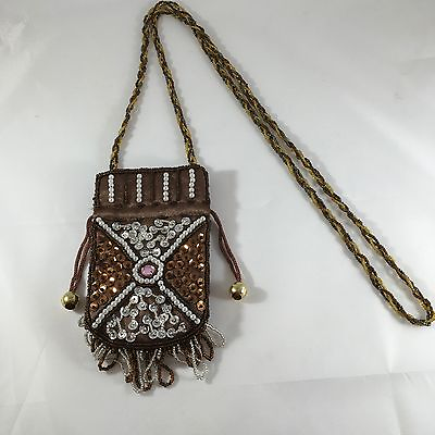 #ad Beaded Fringed Sequined Brown Silver Cell Phone Cross Body Bag Purse $9.97