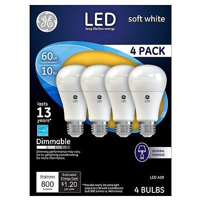 #ad 4 PACK GE LED 10W Soft White Dimmable 60 Watt Equivalent A19 2700K Light Bulbs $39.77
