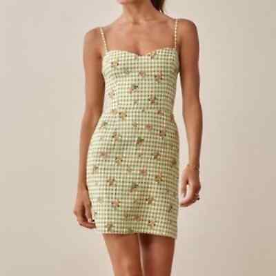 #ad Reformation Roarke 100% Linen Green Gingham Floral Mini Dress in Patio Size 2 $75.00