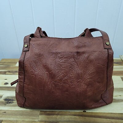 #ad American Leather Co Brown Tooled Embossed Leather Satchel Shoulder Handbag Purse $25.49