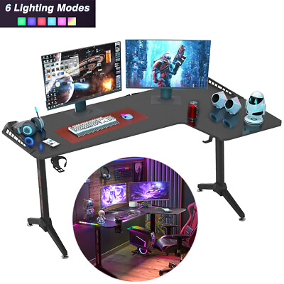 #ad 63quot;RGB Light Computer Gaming Laptop Table L Shaped Desk Workstation Carbon Fibre $119.92