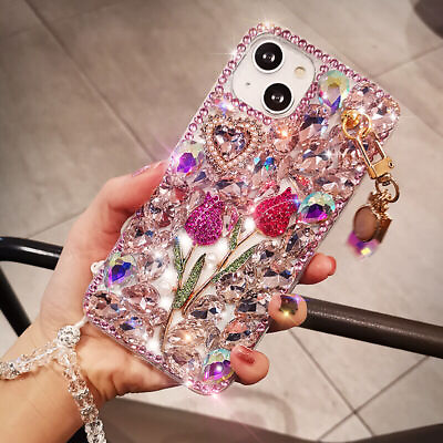 For iPhone 15 Pro Max 14 13 12 11 X 8 7 Bling Glitter Flower Diamond Case Cover $11.38