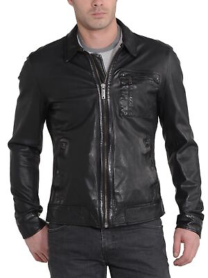 #ad New Leather Jacket Mens Biker Motorcycle Real Leather Coat Slim Fit Black #1080 $118.00