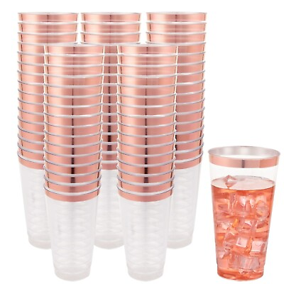 #ad LIYH 100pcs Rose Gold Plastic Cups16 oz Rose Gold Rimmed Plastic Cups Elegan... $74.08