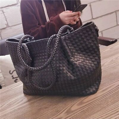 #ad Luxury ladies leather woven tote bag fashion zipper multifunctional shoulder bag $56.99