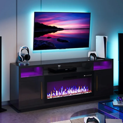 #ad LED Lighted 70quot; TV Stand Entertainment Center with Electric Fireplace Heater $472.55