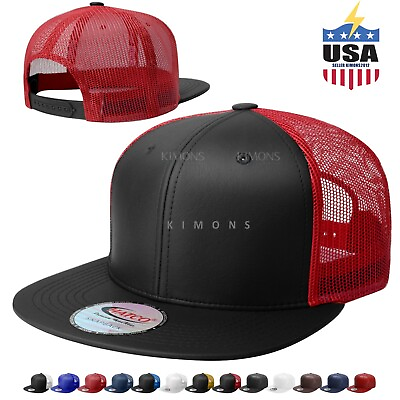 #ad Snapback Hat Flat Mesh back Leather Hip Hop Trucker Baseball Cap Plain Solid $16.58