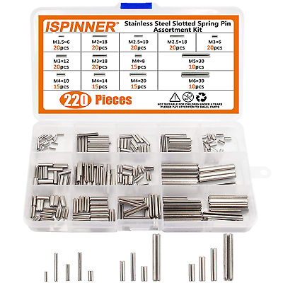 #ad ISPINNER 220Pcs Roll Pin Set Stainless Steel Slotted Spring Pin Assortment Kit $17.04