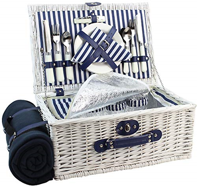 #ad Picnic Basket Willow for 4 Persons Large Wicker Hamper Set with Big Insulated $48.56