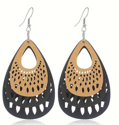 #ad Adorable 3 layer Droplet Shape Hollow Carved Pattern Dangle tnblWooden Earrings $4.99