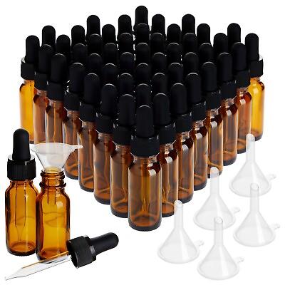 #ad 48 Count 1 2 oz Amber Glass Dropper Bottles amp; 6 Funnels for Essential Oils 15 ml $34.49