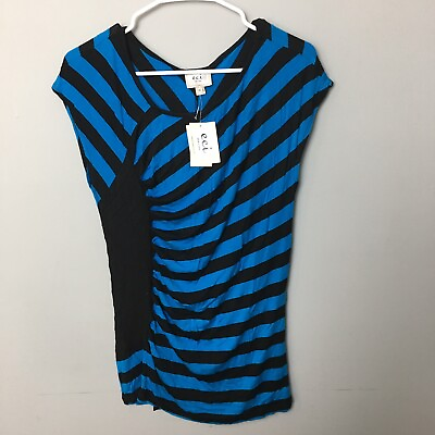 NWT Eci Stretch Short Sleeve Blue Black Blouse Size M Womens $12.91
