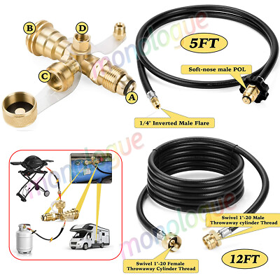 #ad Propane Brass Tee Adapter Kit with 4 Port 5ft amp; 12ft Hose for RV Tank Camping $52.99