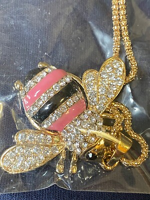 #ad Betsey Johnson Crystal Bumble Bee Pendant on 28quot; Long Gold Necklace New Beauty $21.45