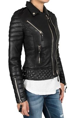 #ad Black Womens Ladies Slim Fit Biker Diamond Quilted Michael Real Leather Jacket GBP 101.99