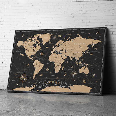 #ad Large Framed Black Vintage World Map Of World Canvas Prints Wall Art GBP 54.99