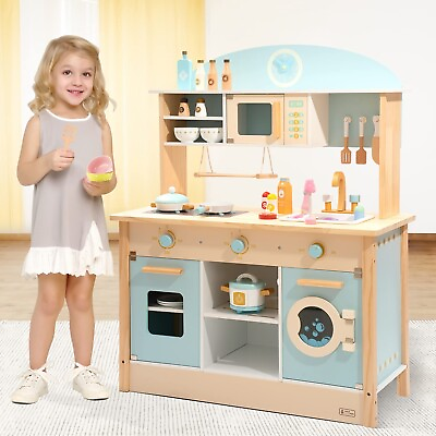 #ad Robud Pretend Play Wooden Kitchen Set for Kids Microwave Oven Clock Towel Rack $107.99