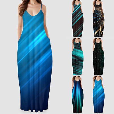 #ad Women Comfortable Dress Long Maxi V Neck Loose Sleeveless Print Dress Boho ZF $21.23