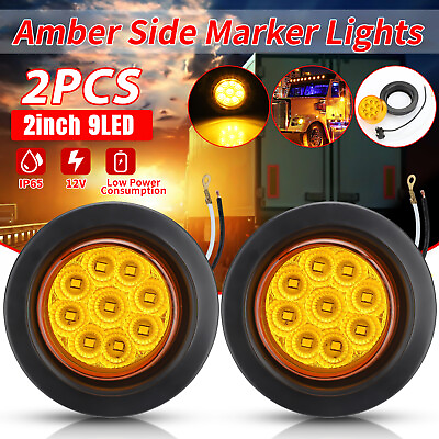 #ad 2x Amber 2quot; Inch Round 9 LED Side Marker Clearance Lights Truck Trailer Lamp 12V $11.48