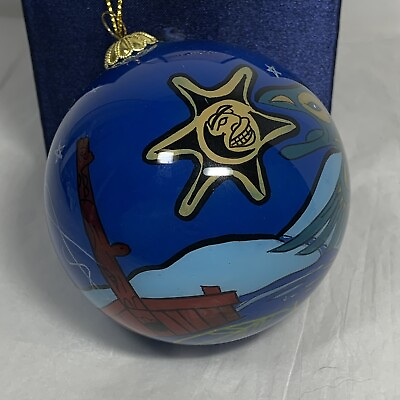 #ad LI BIEN Glass Christmas Ornament REVERSE PAINT Totem Aztec Celestial Blue Box $14.95