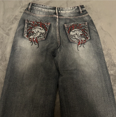 #ad JNCO Style Skull Flames embroidery baggy Y2K Grunge Jeans Affliction Flames Wide $50.00